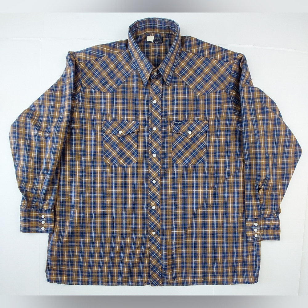 VTG Wrangler Shirt Mens 2XL Blue Brown Plaid Big Man Pearl Snaps Made in USA